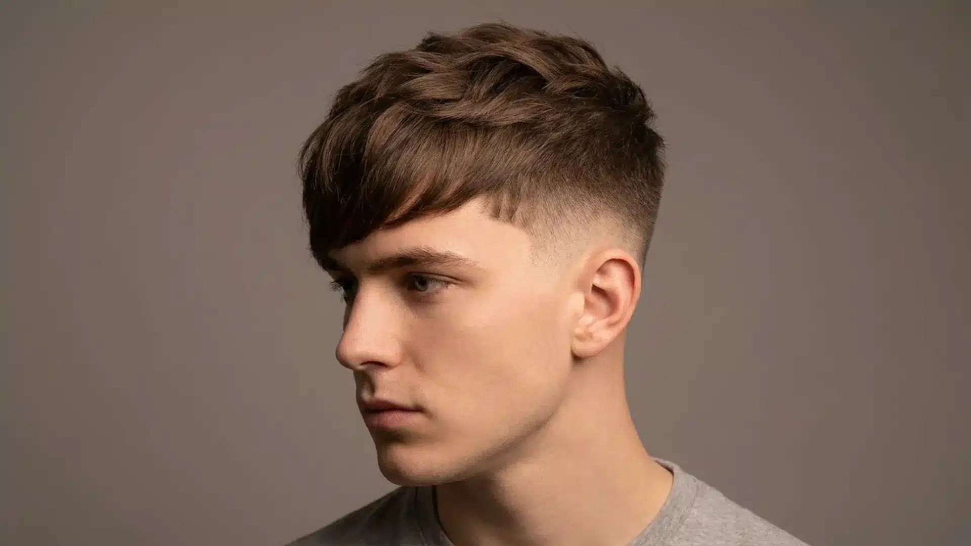 Profile view of a man with a textured fringe haircut and a high skin fade, wearing a grey t-shirt