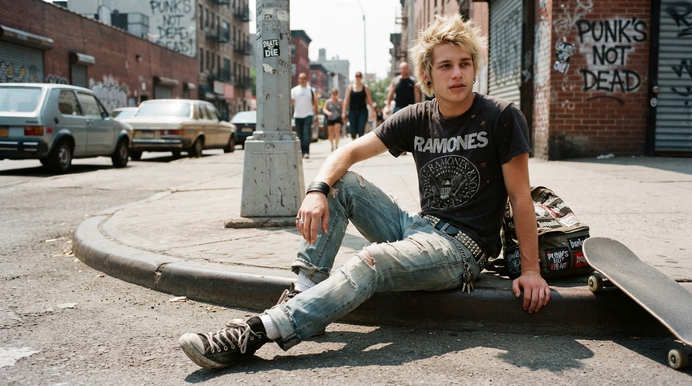 punk man in a band shirt and ripped jeans sitting beside a skateboard on a city curb