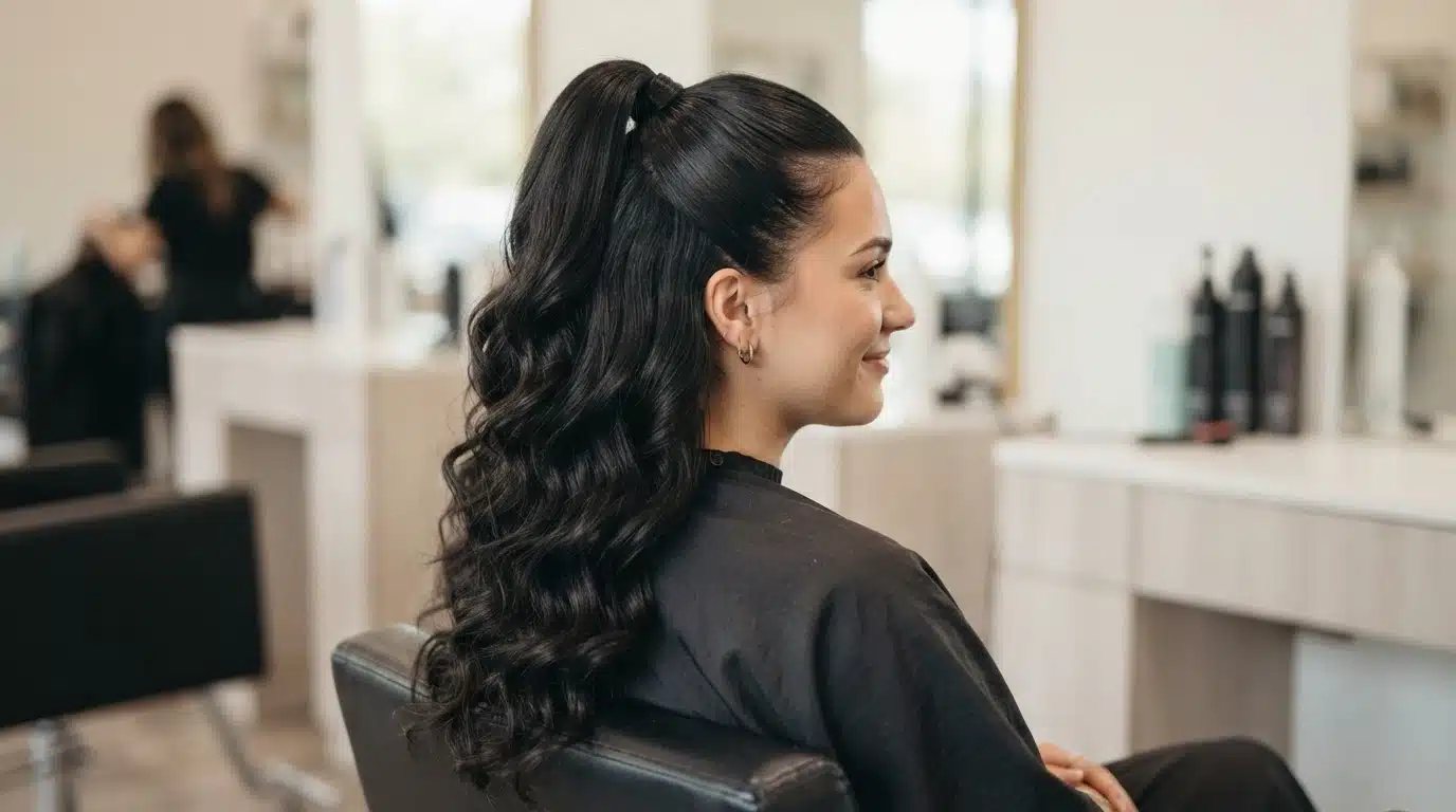 quick weave half up style with full black hair extensions in salon