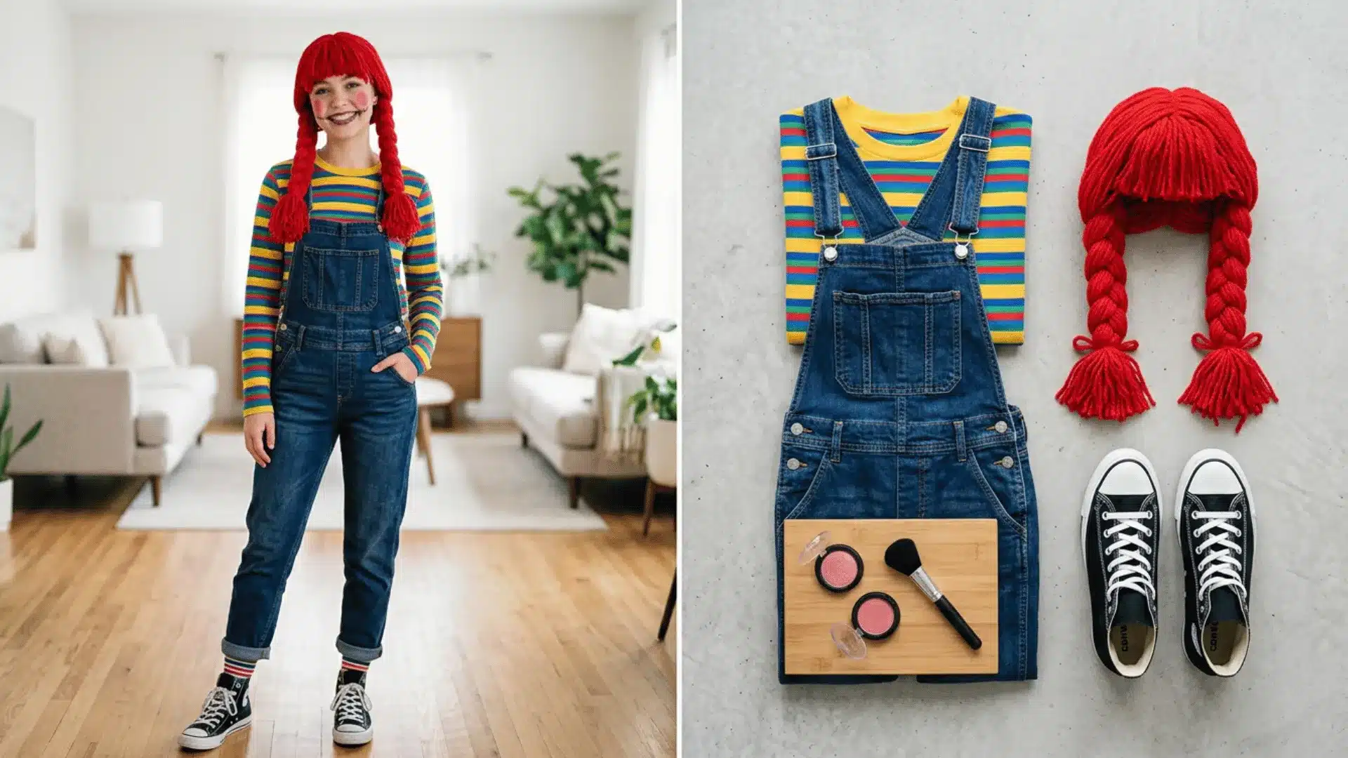 Raggedy doll costume with overalls, striped shirt, yarn hair, and rosy makeup
