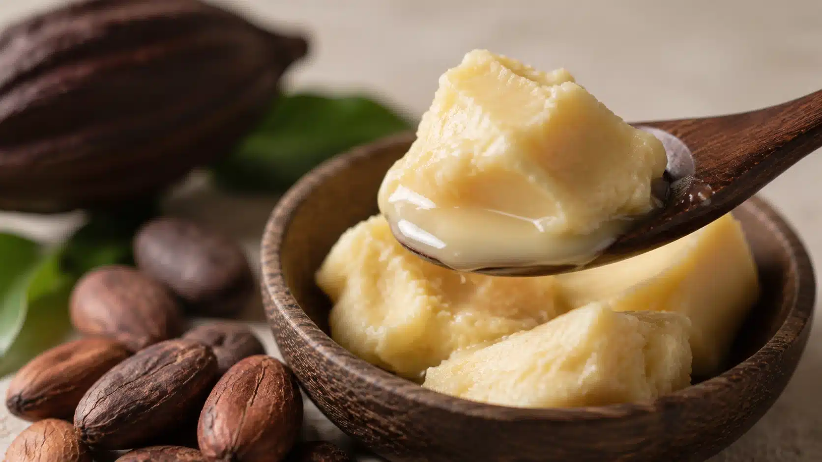 raw cocoa butter texture with cocoa beans for skincare