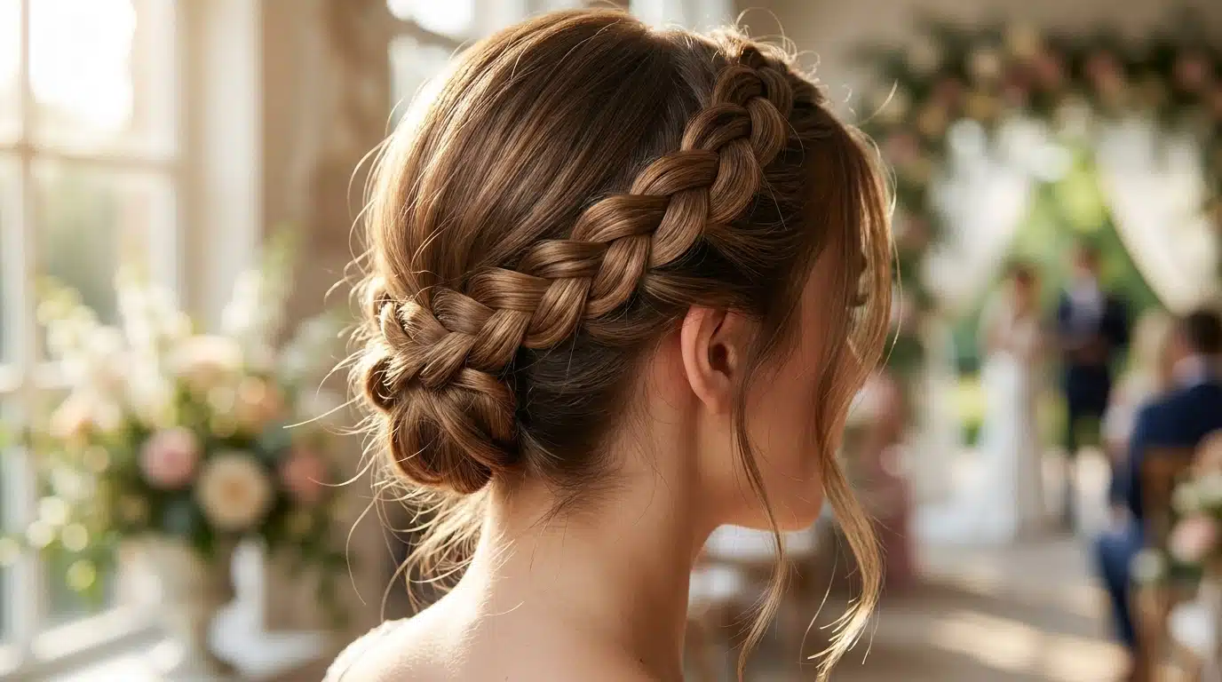 rear view of wedding guest wearing a braided crown bun with loose strands in a brightly lit wedding venue reception