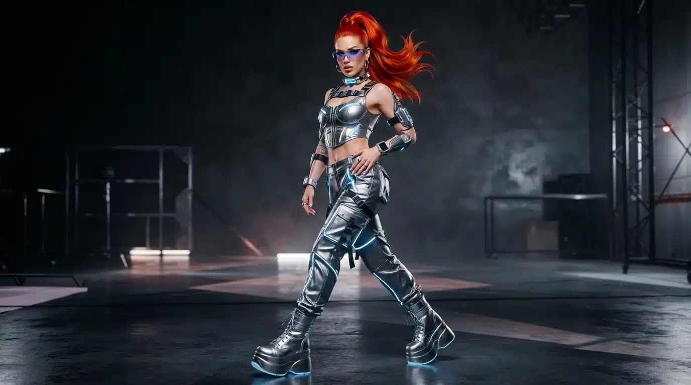 red haired woman wearing a silver futuristic crop top cargo pants and platform boots