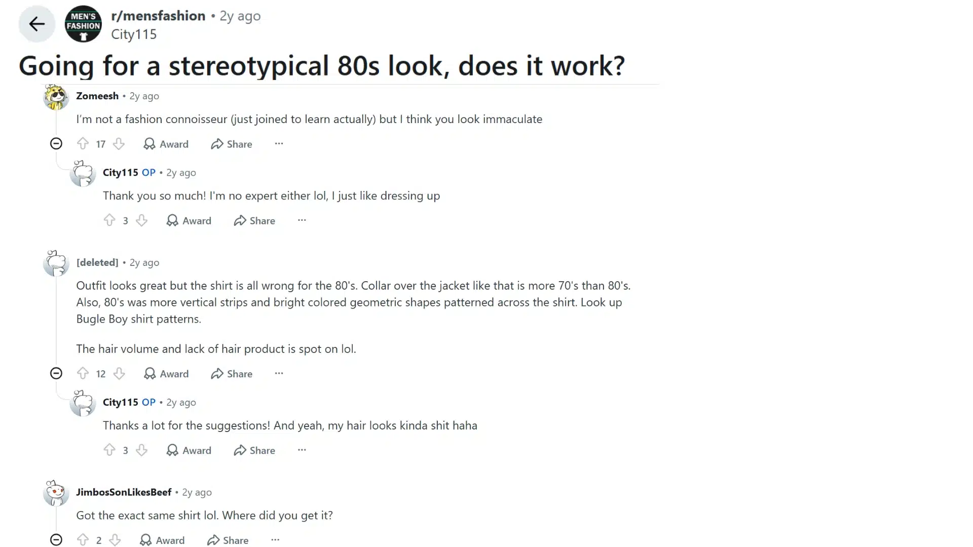 reddit discussion about a men's 80s fashion outfit with users sharing styling feedback and shirt suggestions