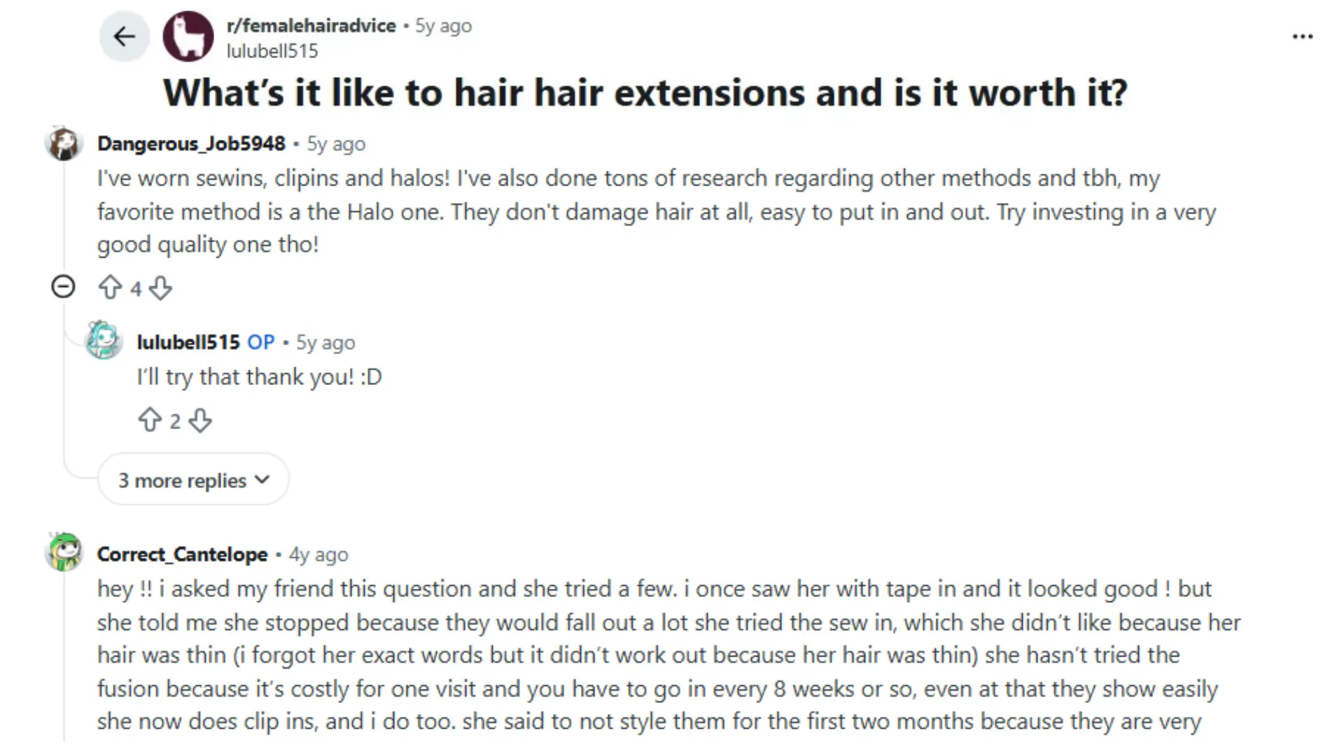 reddit discussion about how hair extensions work and different attachment methods.