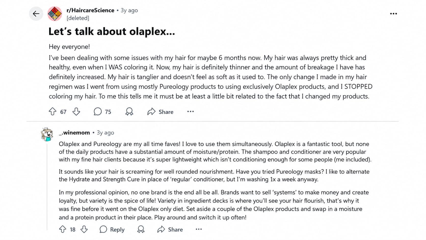 reddit discussion about olaplex with a user sharing hair concerns and another user giving product advice