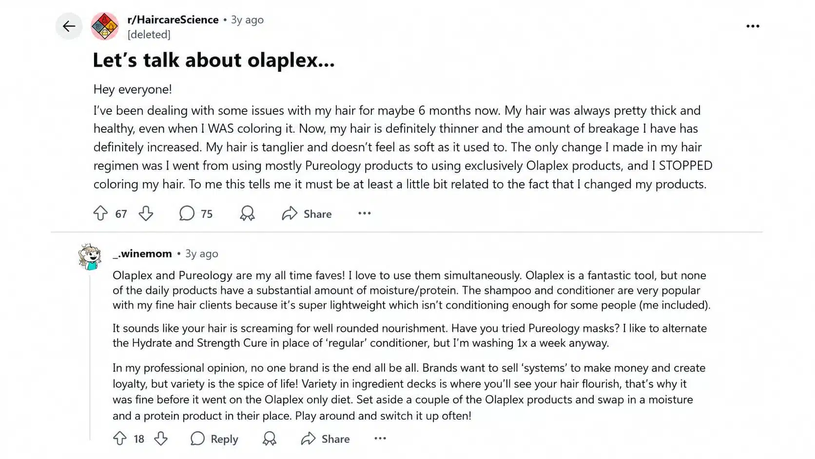 reddit discussion about olaplex with a user sharing hair concerns and another user giving product advice
