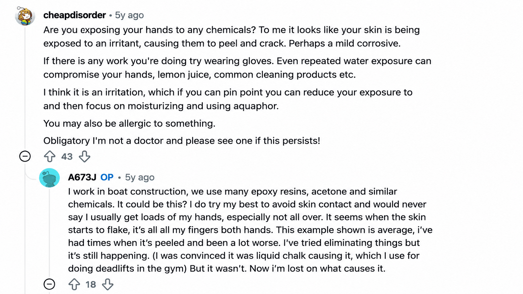 reddit discussion about peeling hands caused by possible chemical exposure and skin irritation from workplace materials