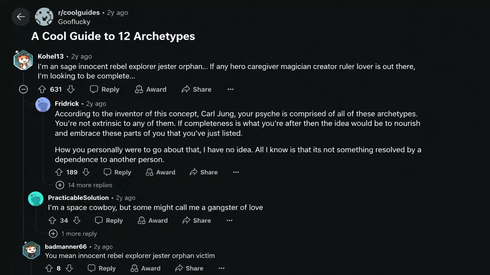 reddit discussion about personality archetypes with users sharing thoughts on jungian archetype concepts