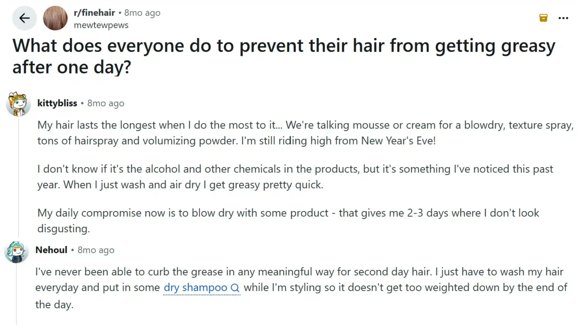 reddit discussion about preventing fine hair from becoming greasy after one day