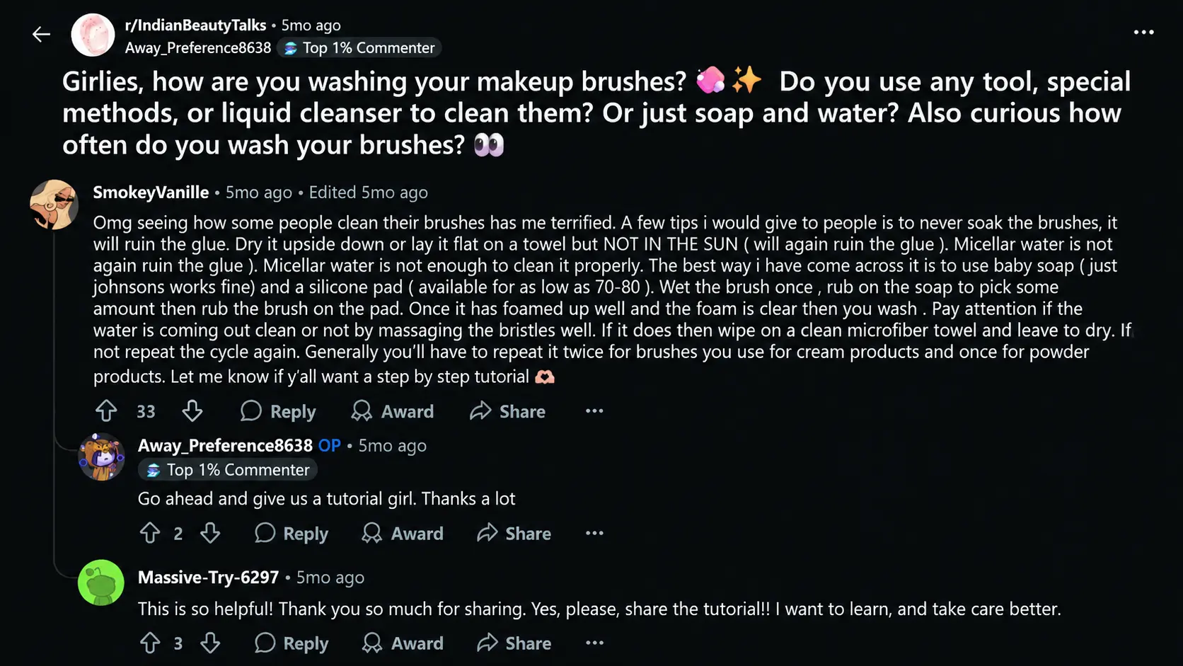 reddit discussion about washing makeup brushes with cleaning tips and user recommendations