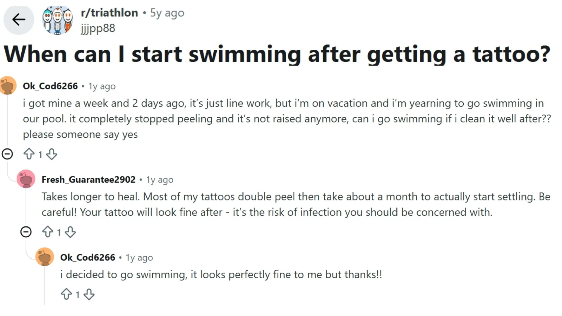 reddit discussion asking when to start swimming after getting a tattoo with users discussing tattoo healing and infection risks