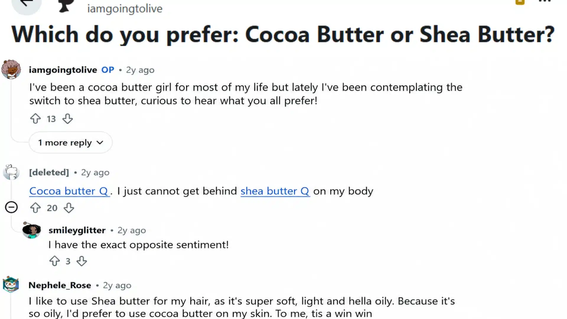 reddit discussion comparing cocoa butter and shea butter with users sharing preferences for skin and hair care