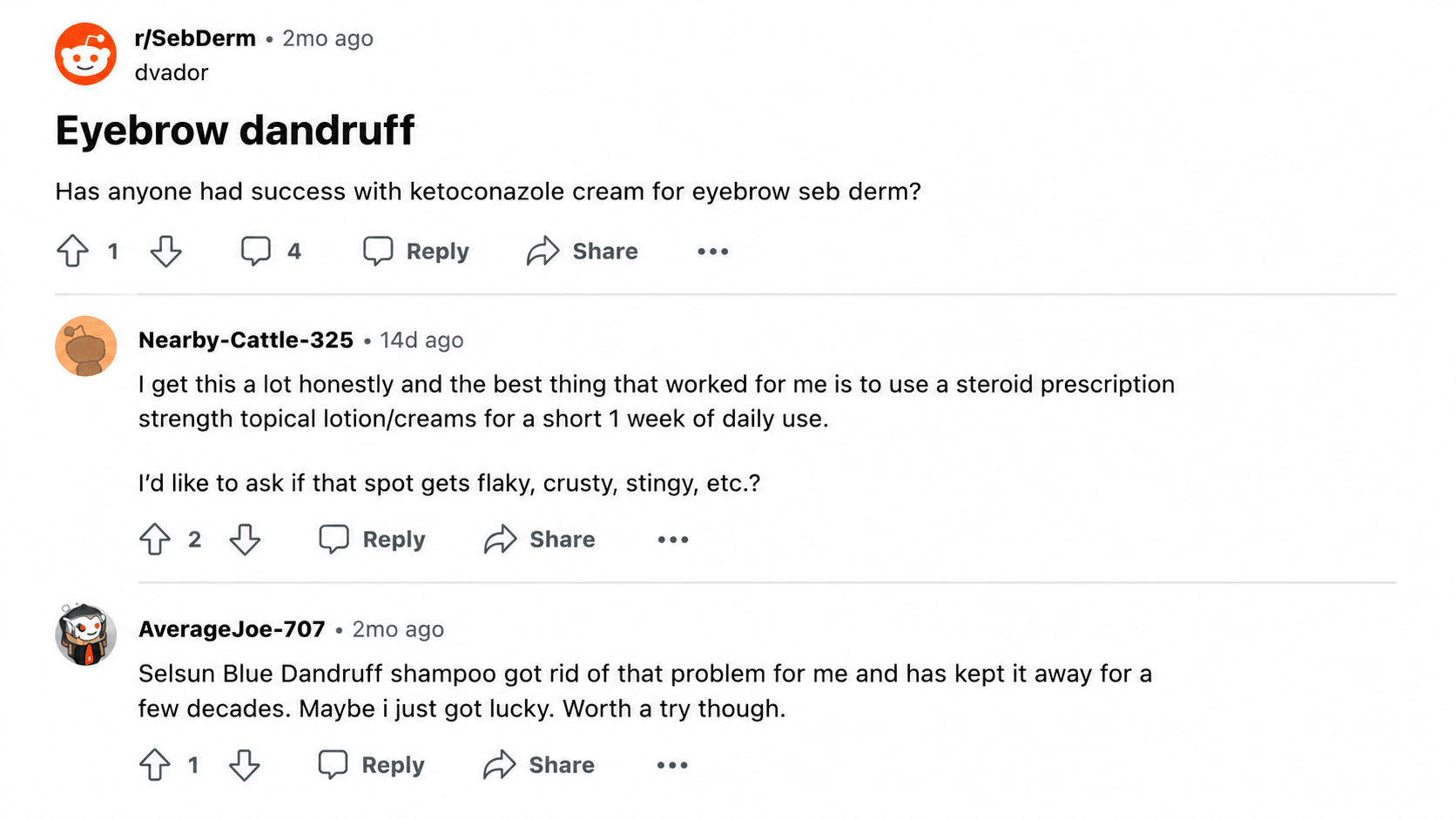 Reddit discussion on eyebrow dandruff remedies
