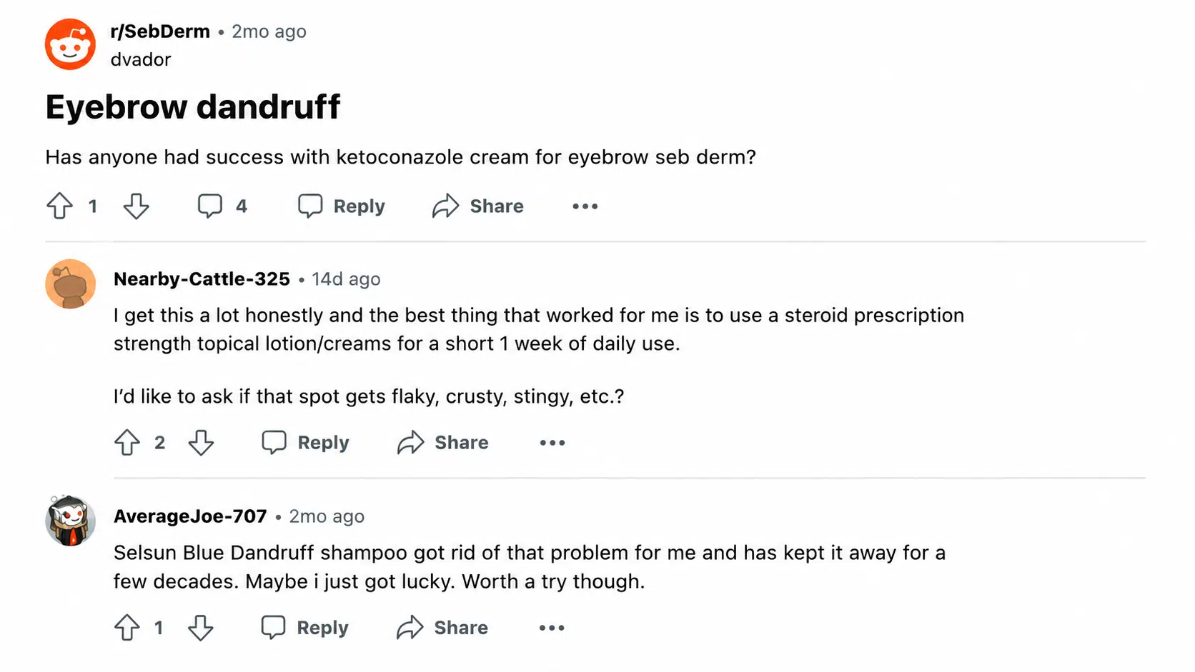 Reddit discussion on eyebrow dandruff remedies