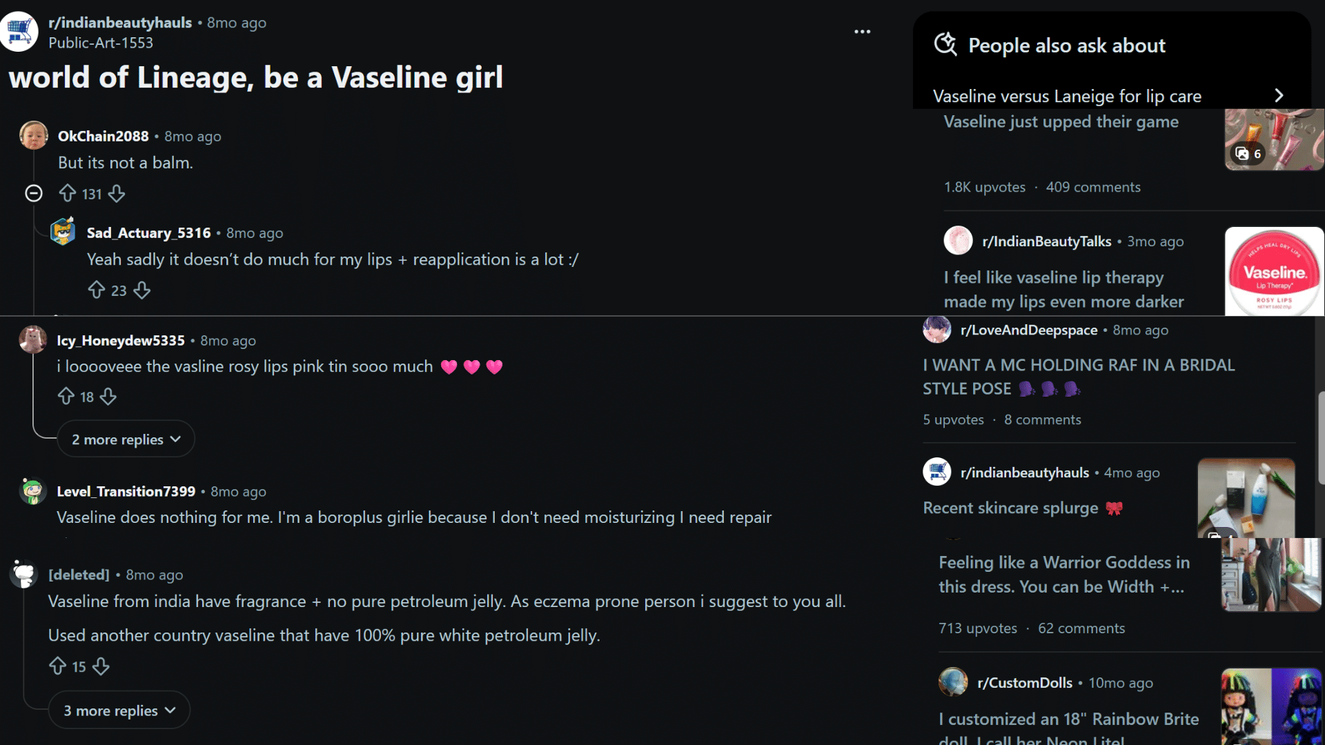 reddit discussion screenshot showing users sharing opinions about using vaseline for dry and chapped lips