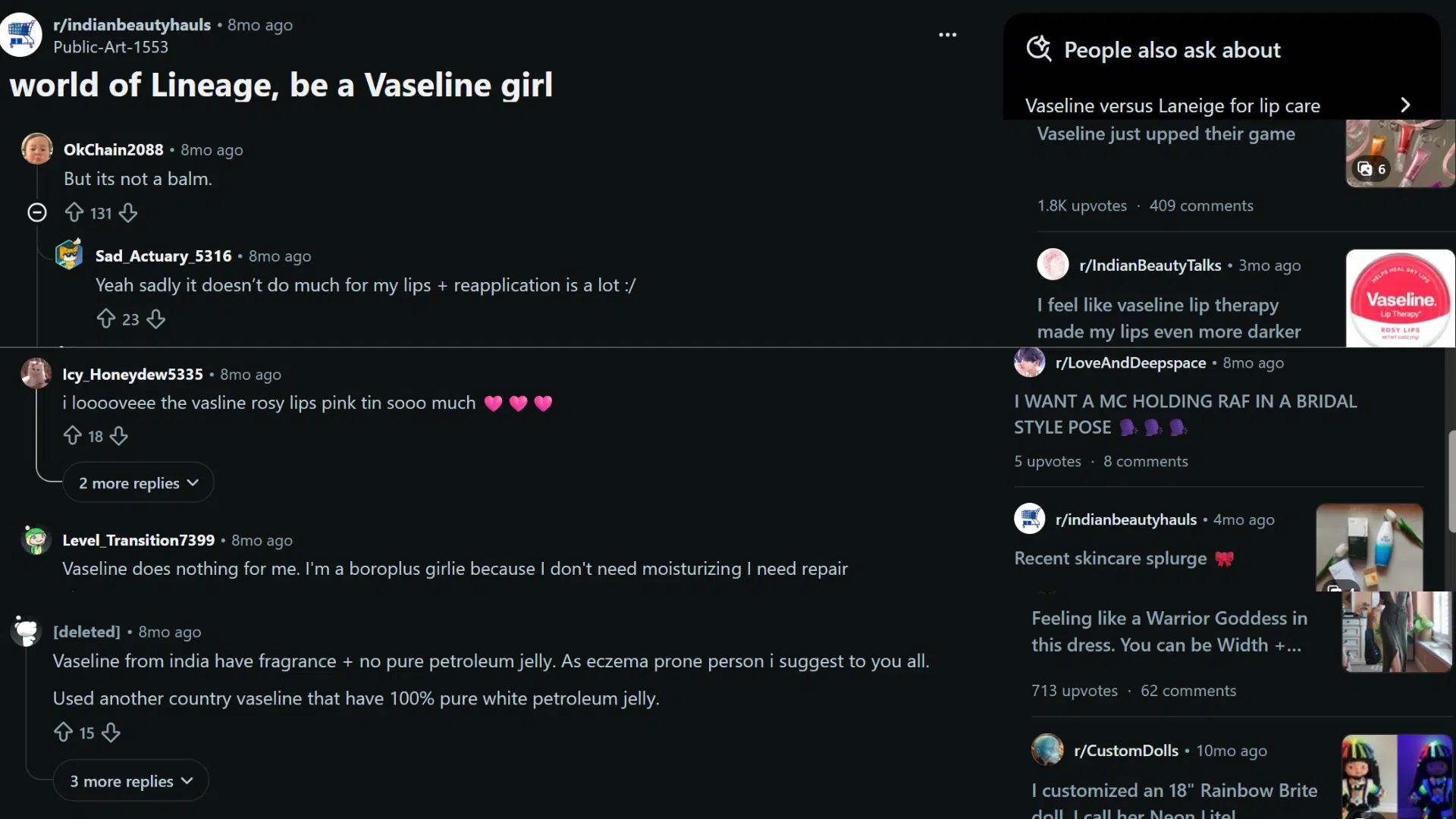 reddit discussion screenshot showing users sharing opinions about using vaseline for dry and chapped lips