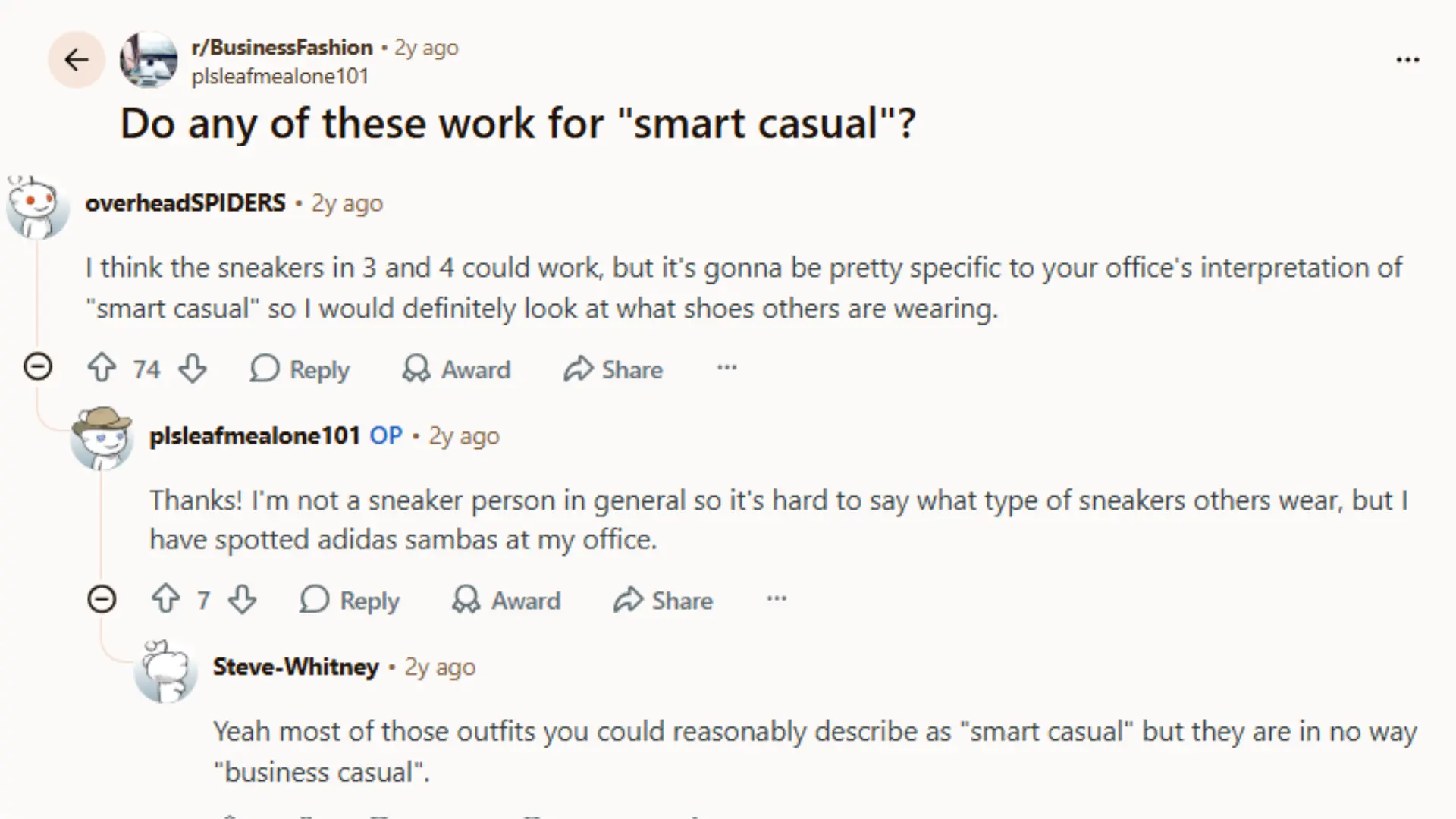 reddit discussion showing people sharing smart casual outfit ideas and style opinions for office wear and events