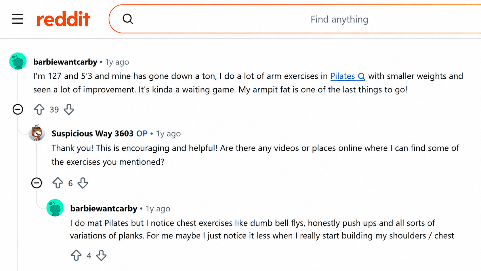 reddit discussion showing users sharing arm exercises like pilates weights pushups and planks for reducing natural armpit fat concerns
