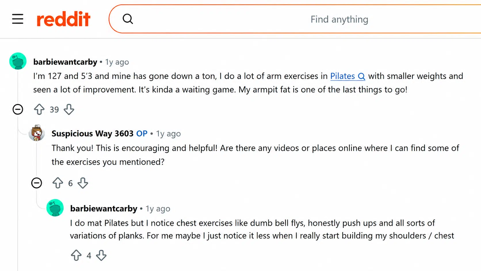 reddit discussion showing users sharing arm exercises like pilates weights pushups and planks for reducing natural armpit fat concerns