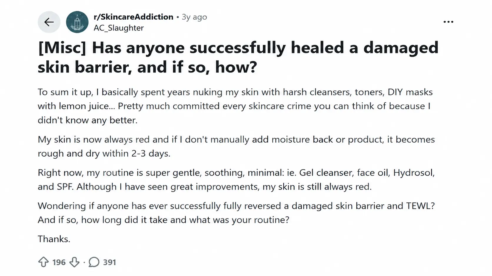 reddit skincare post asking about healing a damaged skin barrier with a gentle routine and recovery experiences