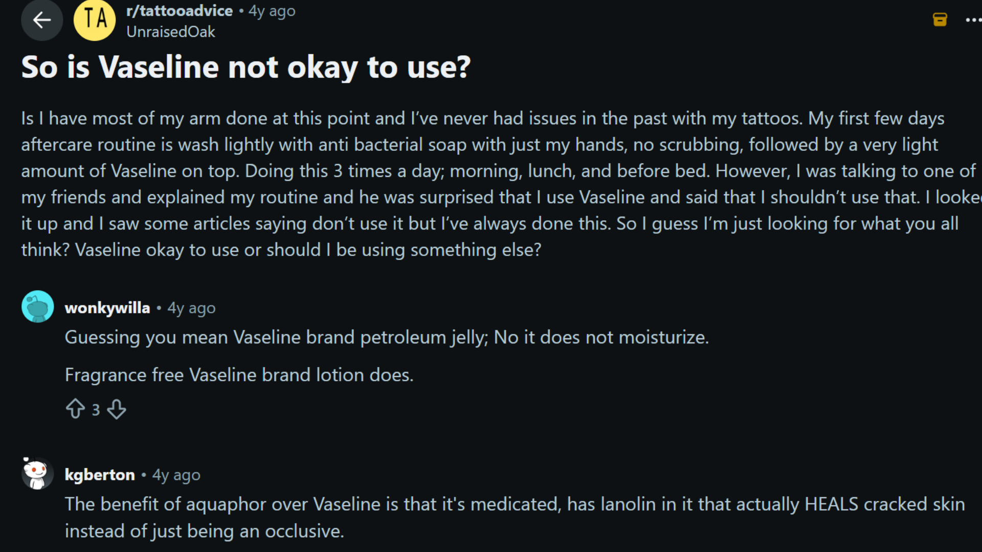 reddit tattoo aftercare discussion about using vaseline on a new tattoo