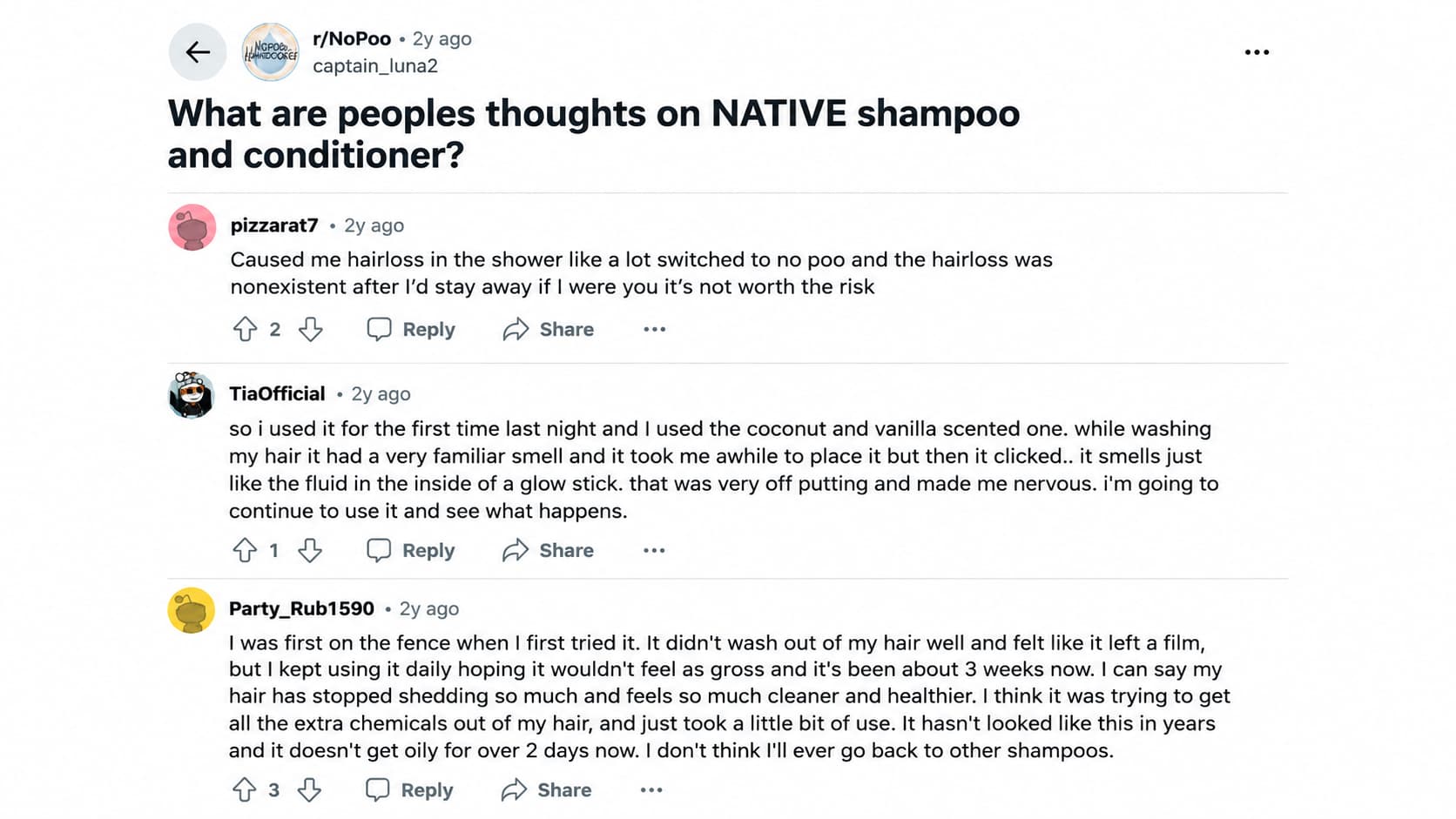 reddit thread on native shampoo