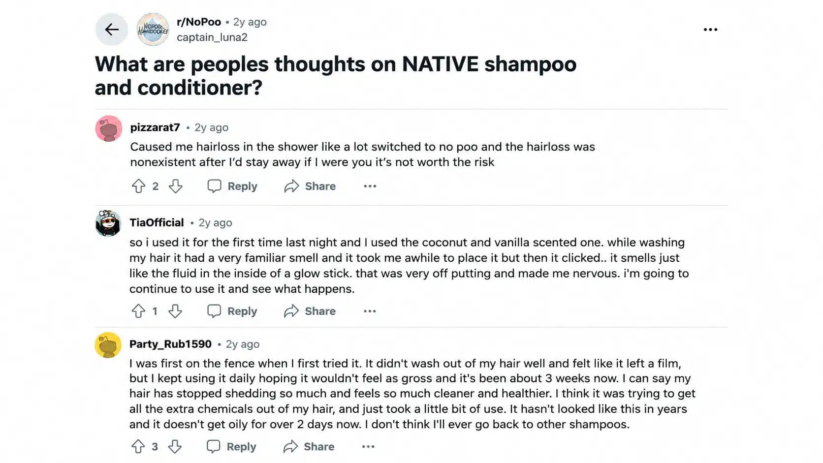 reddit thread on native shampoo
