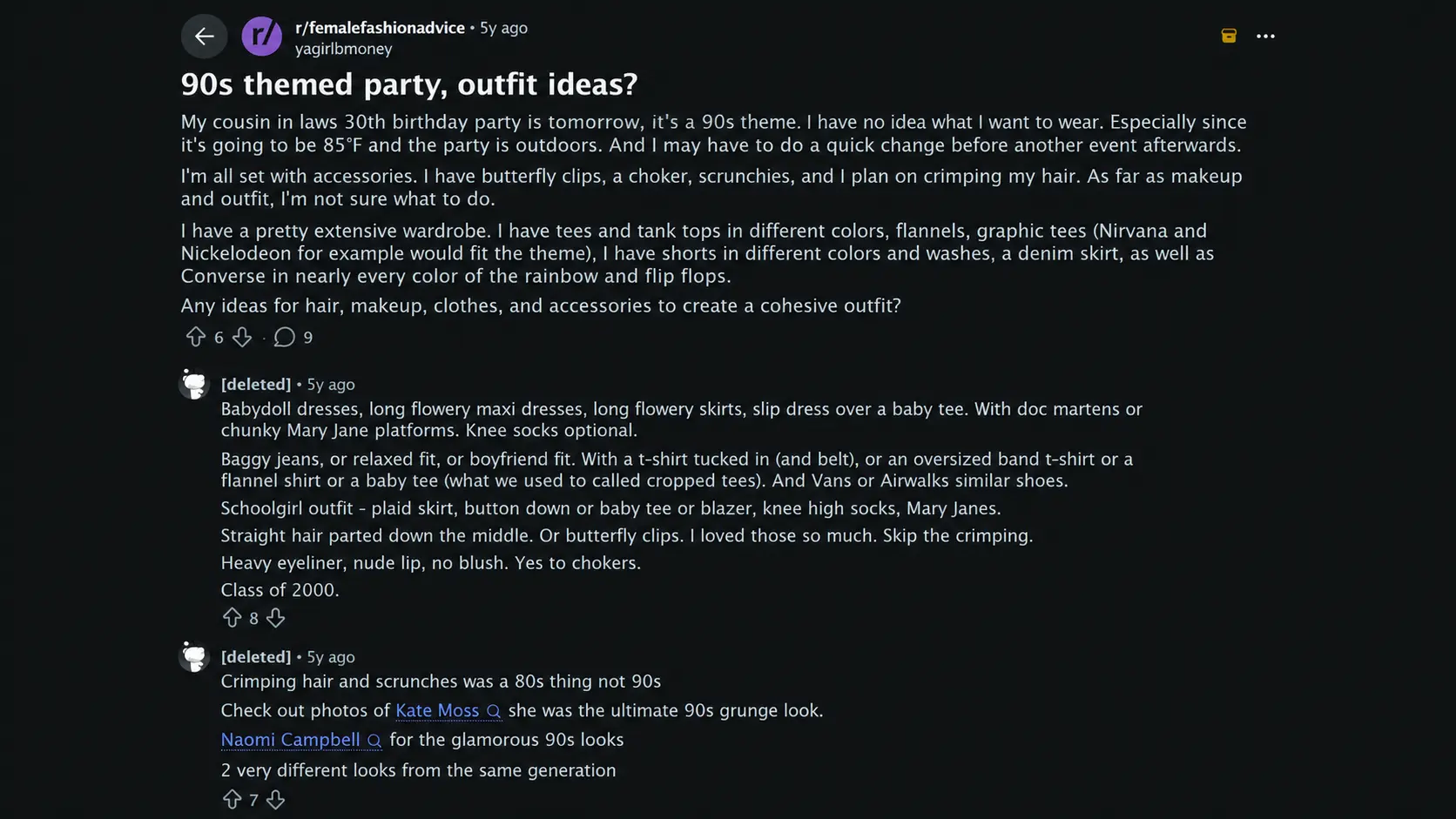reddit thread showing 90s themed party outfit ideas with fashion tips and styling suggestions