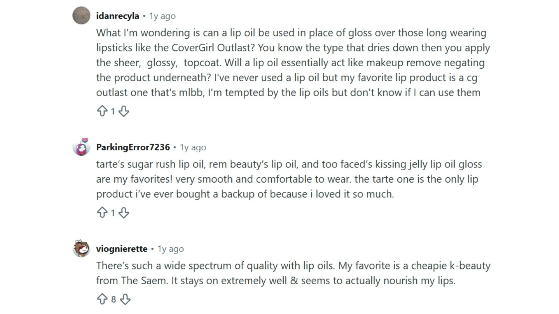 reddit user comments sharing experiences and opinions about using lip oil instead of gloss