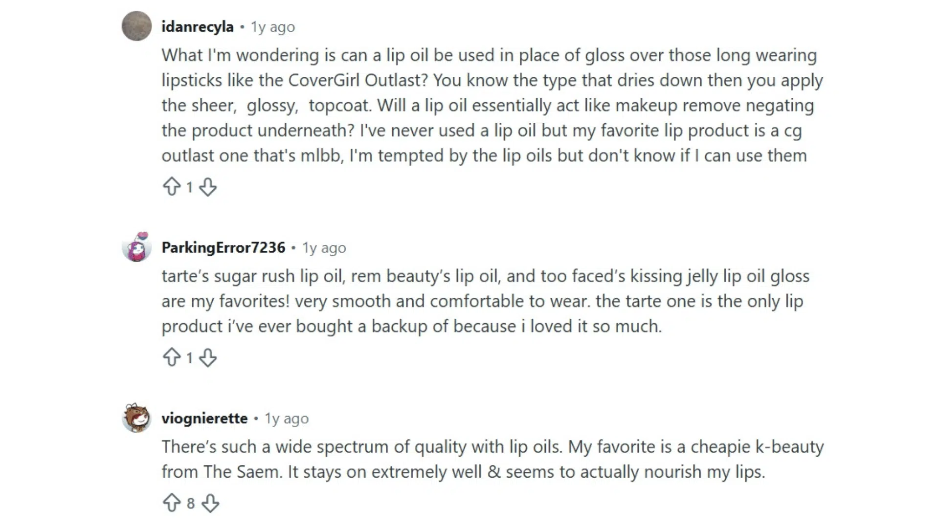 reddit user comments sharing experiences and opinions about using lip oil instead of gloss
