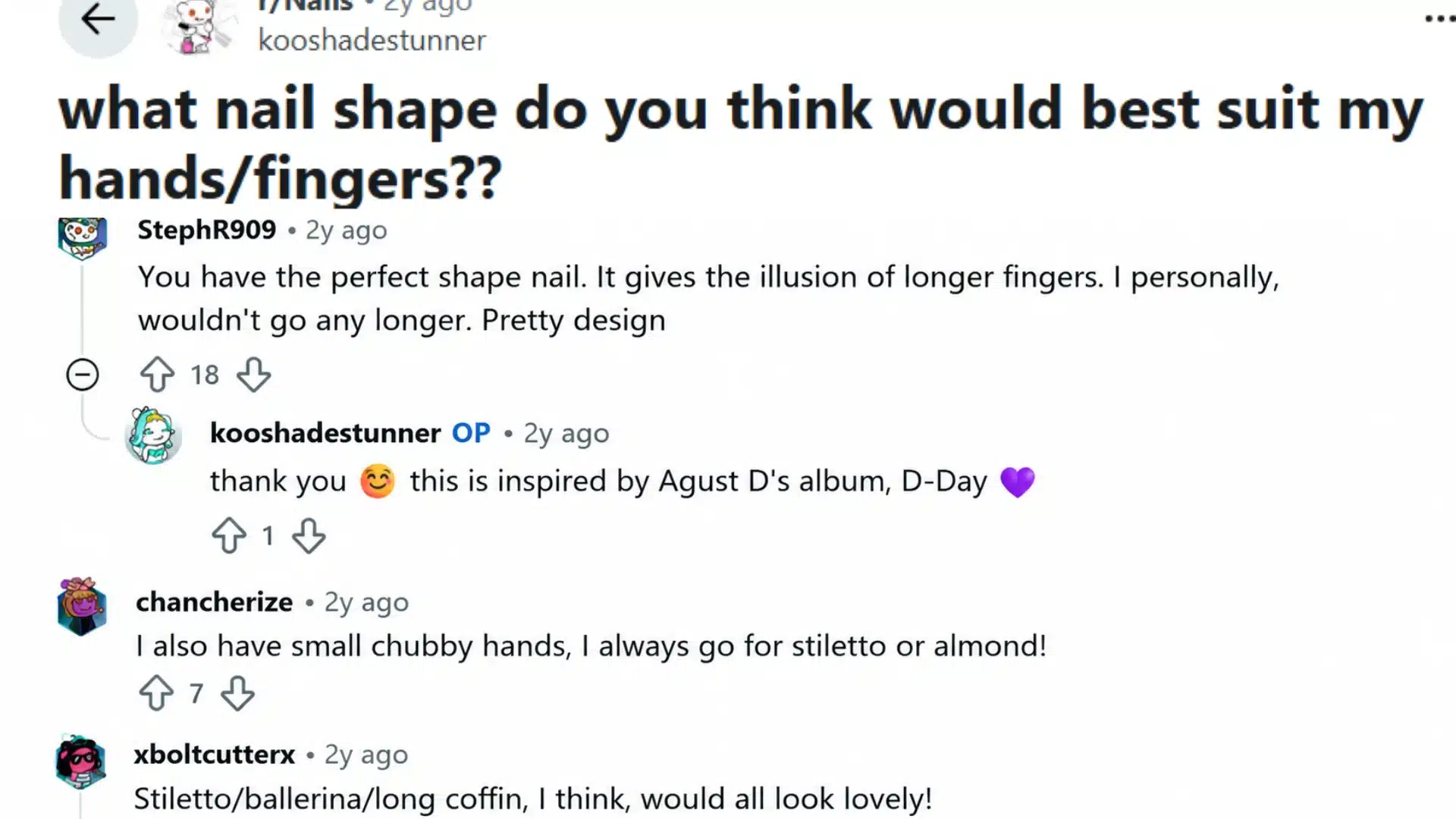 Reddit users recommend almond, stiletto, ballerina, or coffin nails to create the look of longer fingers.