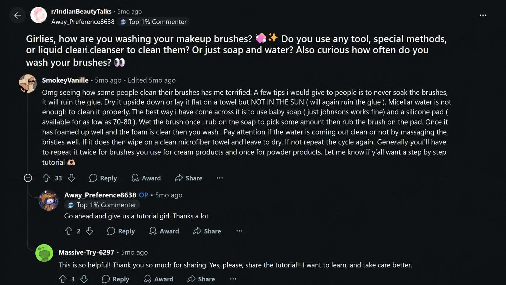 reddit discussion about makeup brush washing methods with user cleaning tips and tutorial requests