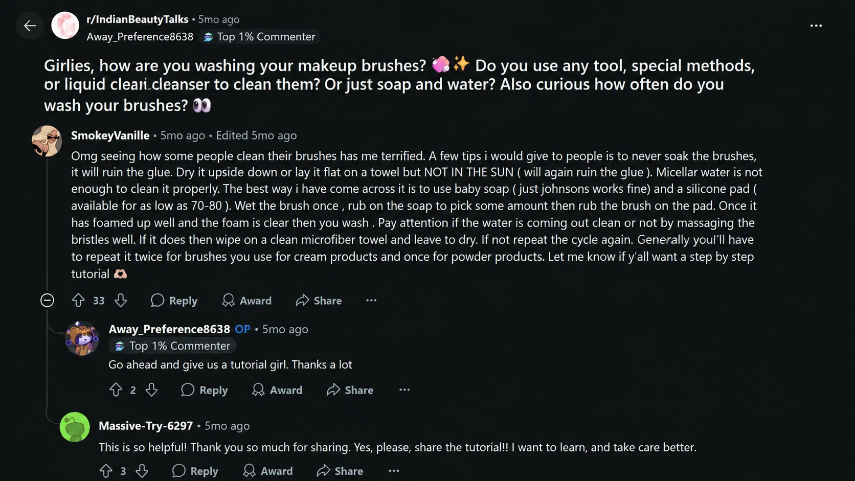 reddit discussion about makeup brush washing methods with user cleaning tips and tutorial requests