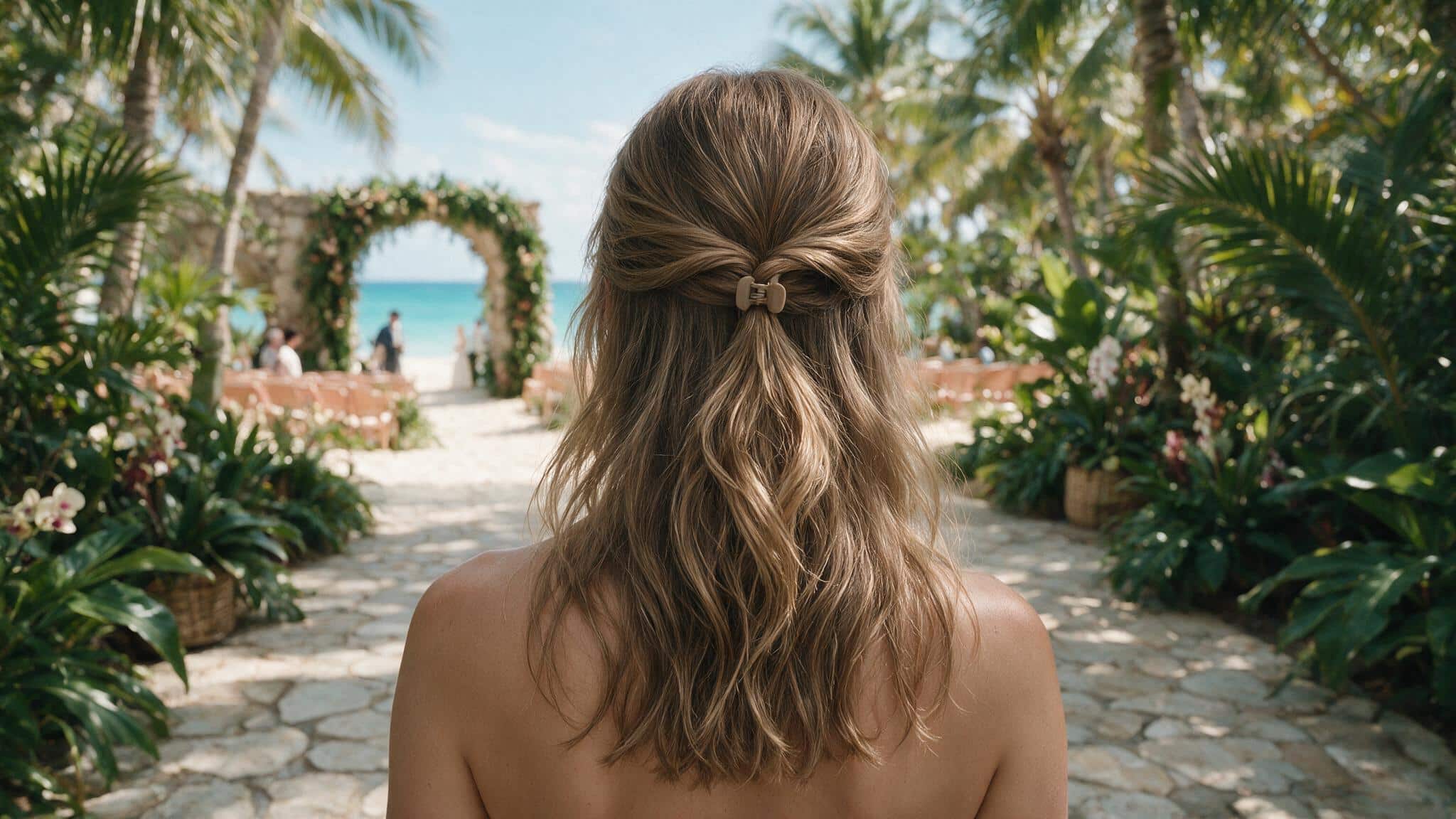 relaxed half up wedding hairstyle secured with a small neutral claw clip