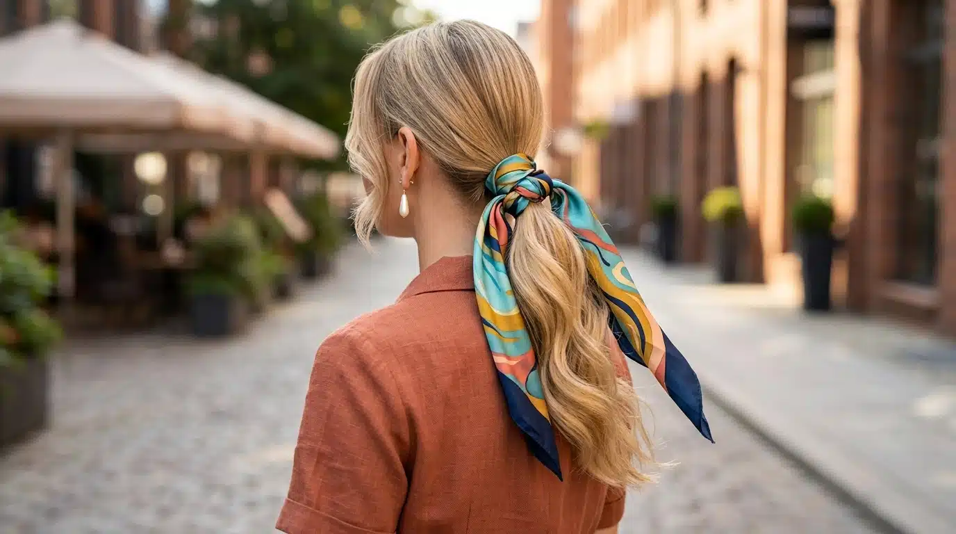 ribbon tied ponytail hairstyle with satin scarf and soft flowing hair