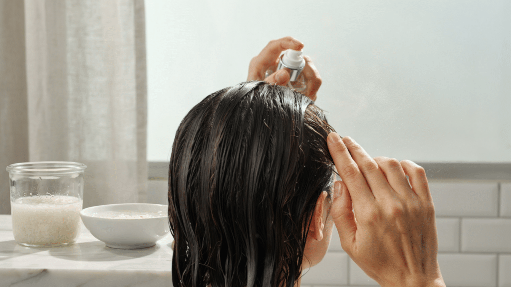 rice water being applied to hair with a spray bottle during a natural hair care routine