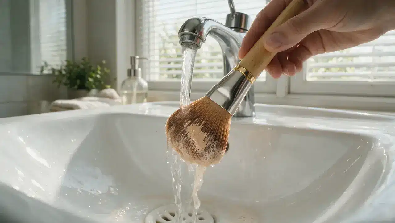 rinsing makeup brush until water runs clear after cleaning