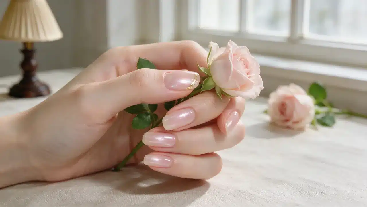 rose quartz glazed nails with soft pink glossy shimmer effect