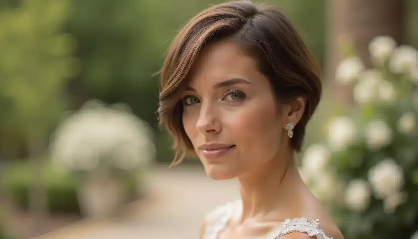 rounded pixie bob haircut with soft curved layers for wedding guest hairstyle