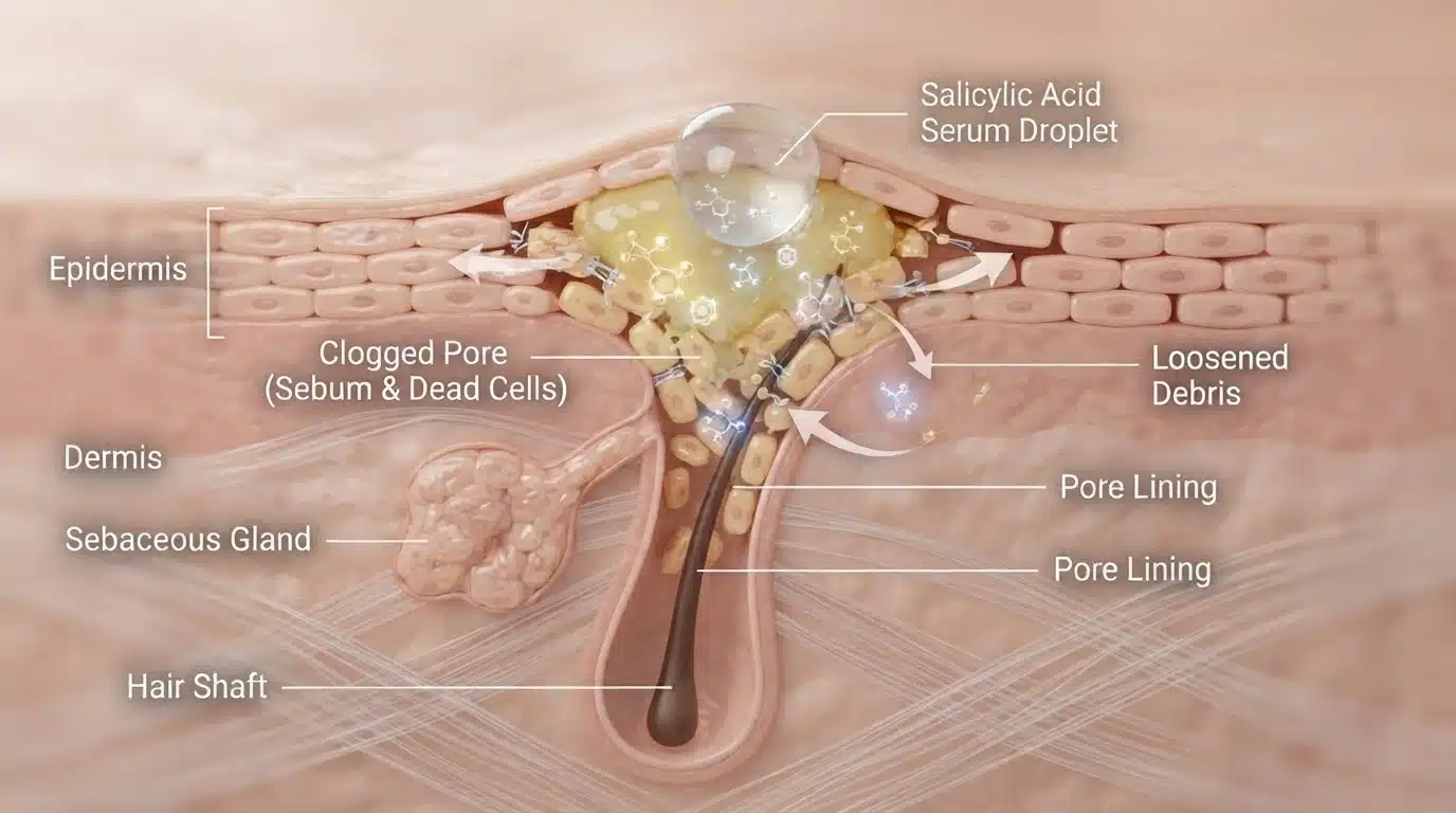 salicylic acid working inside clogged pores to remove oil and dead skin buildup