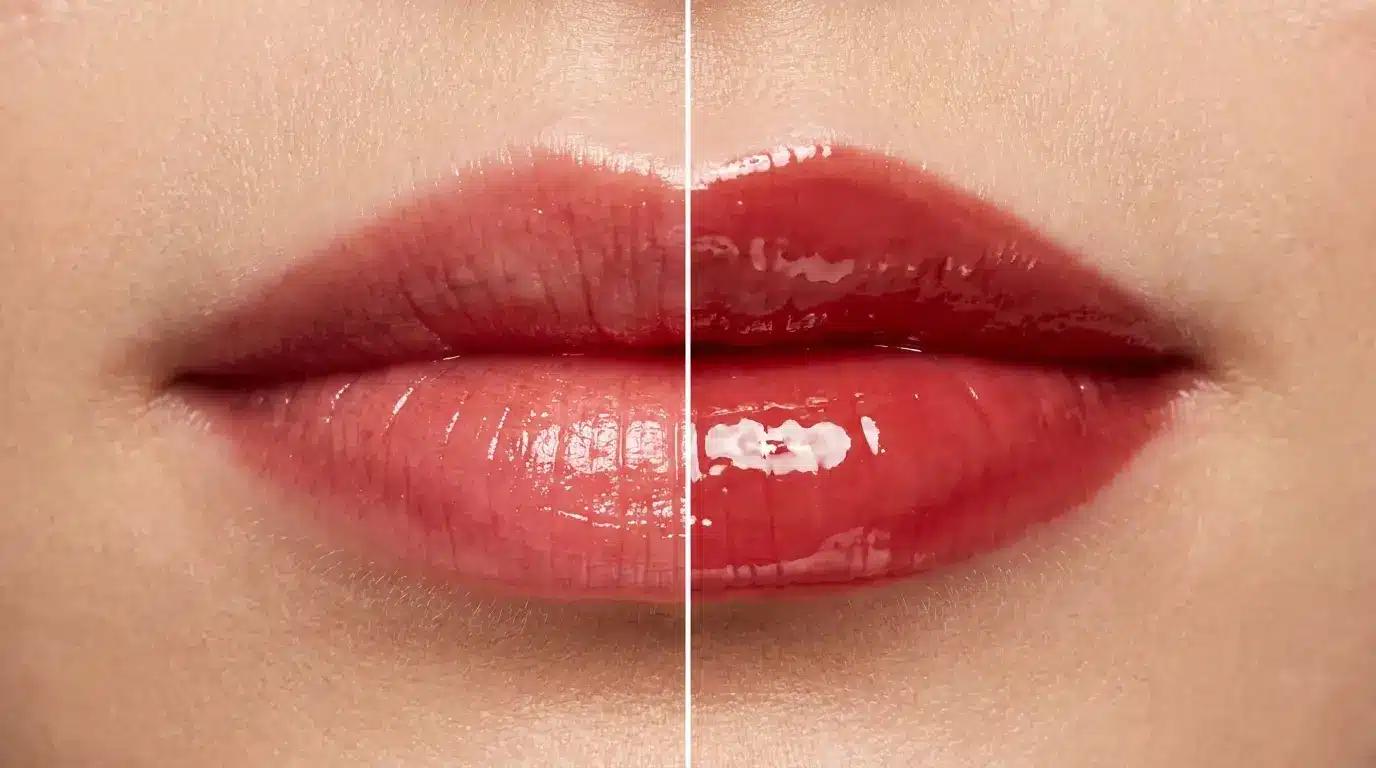 same shade lip oil and lip gloss showing different textures and shine finishes on lips