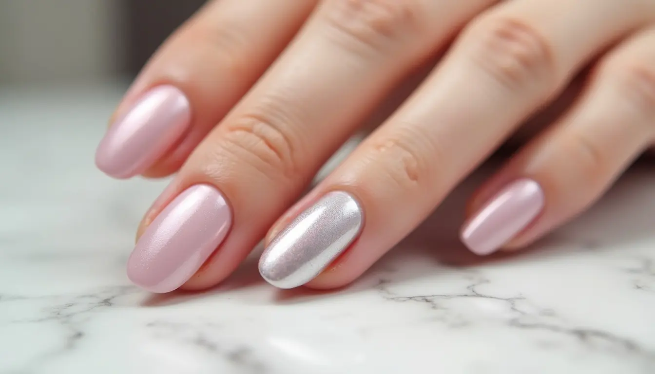 satin and glass chrome nails with soft metallic glow and transparent glossy finish