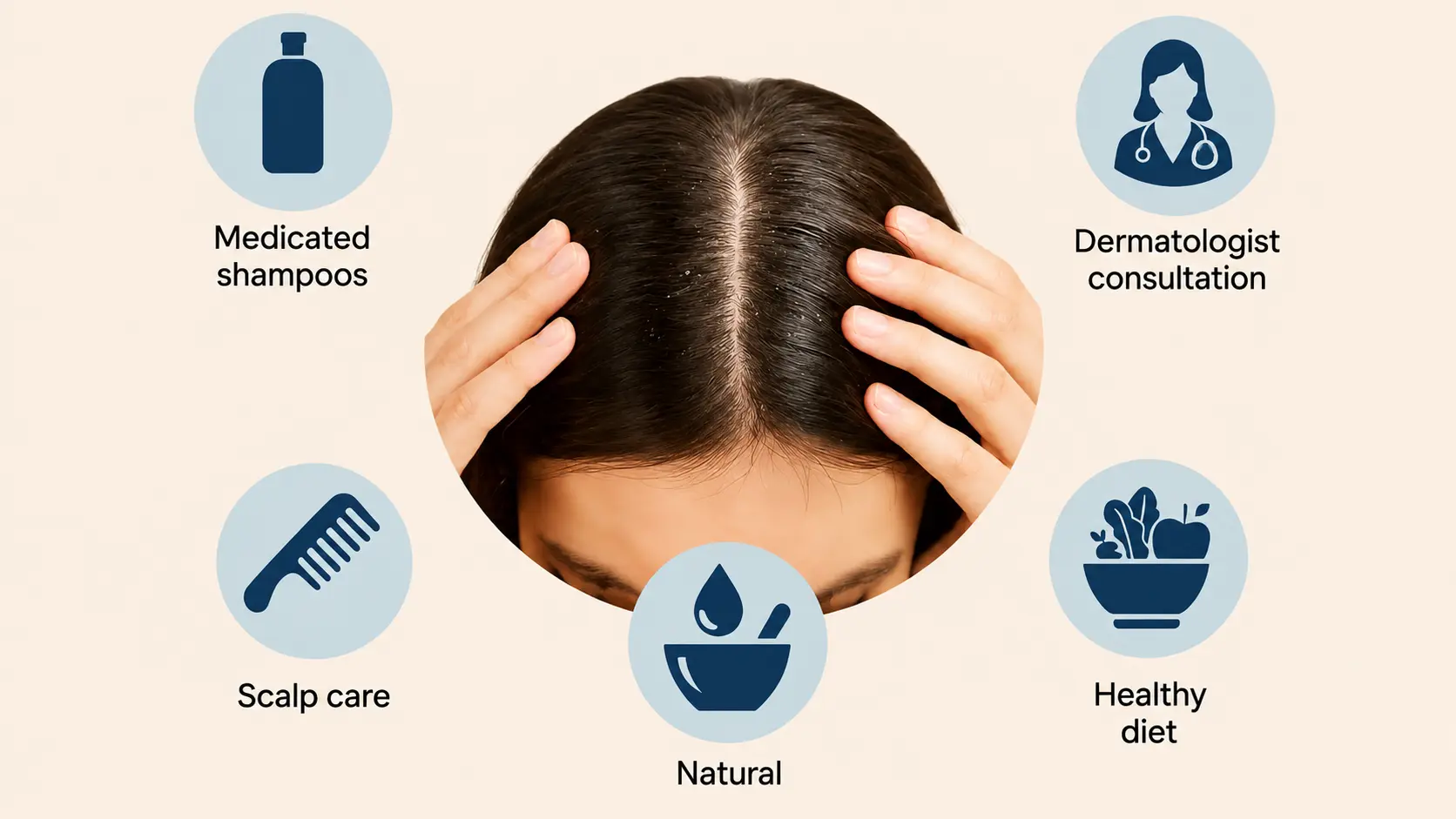 scalp care infographic showing dandruff treatment shampoo dermatologist and healthy hair habits