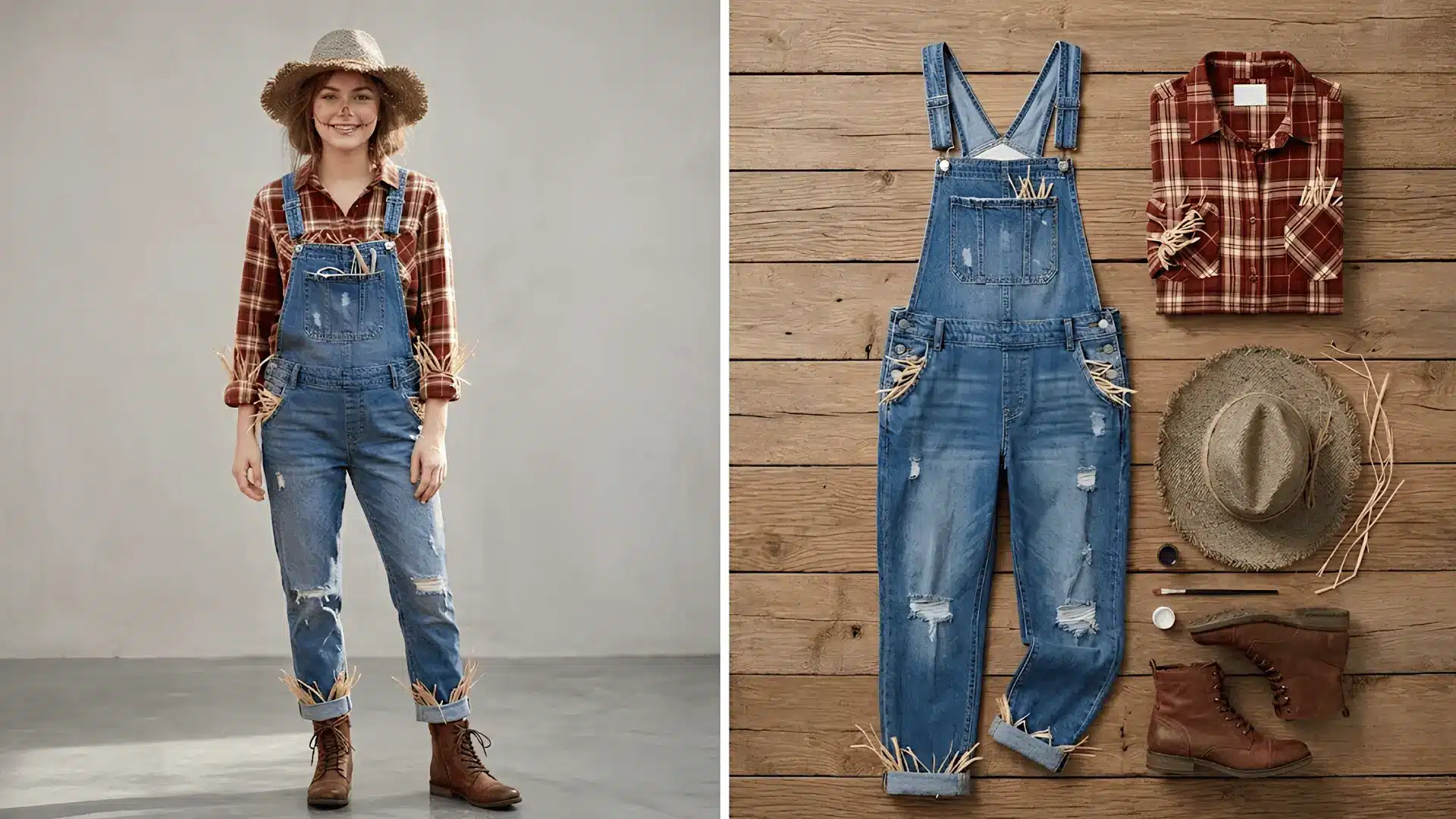 Scarecrow costume with denim overalls, plaid shirt, straw hat, and face paint