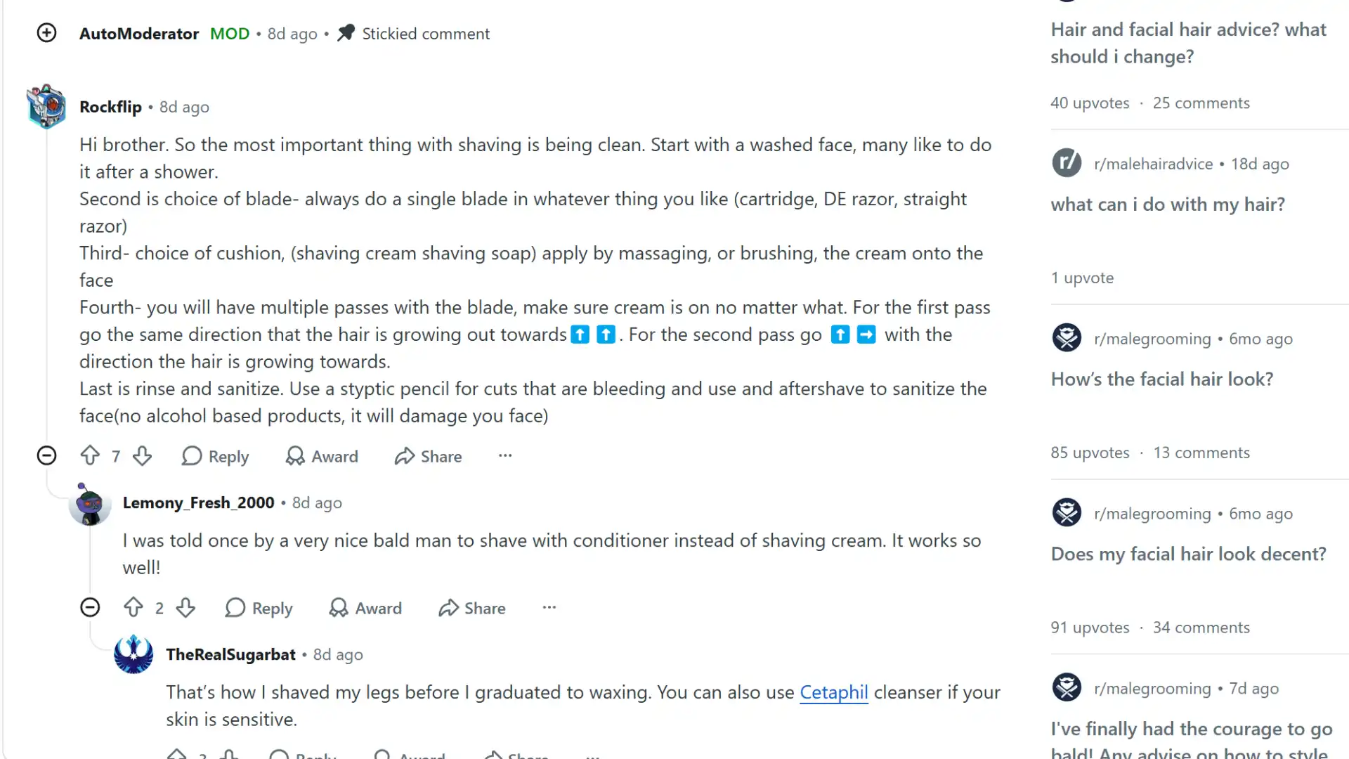 Screenshot of Reddit users sharing shaving tips on blade choice, shaving direction, and skincare routines