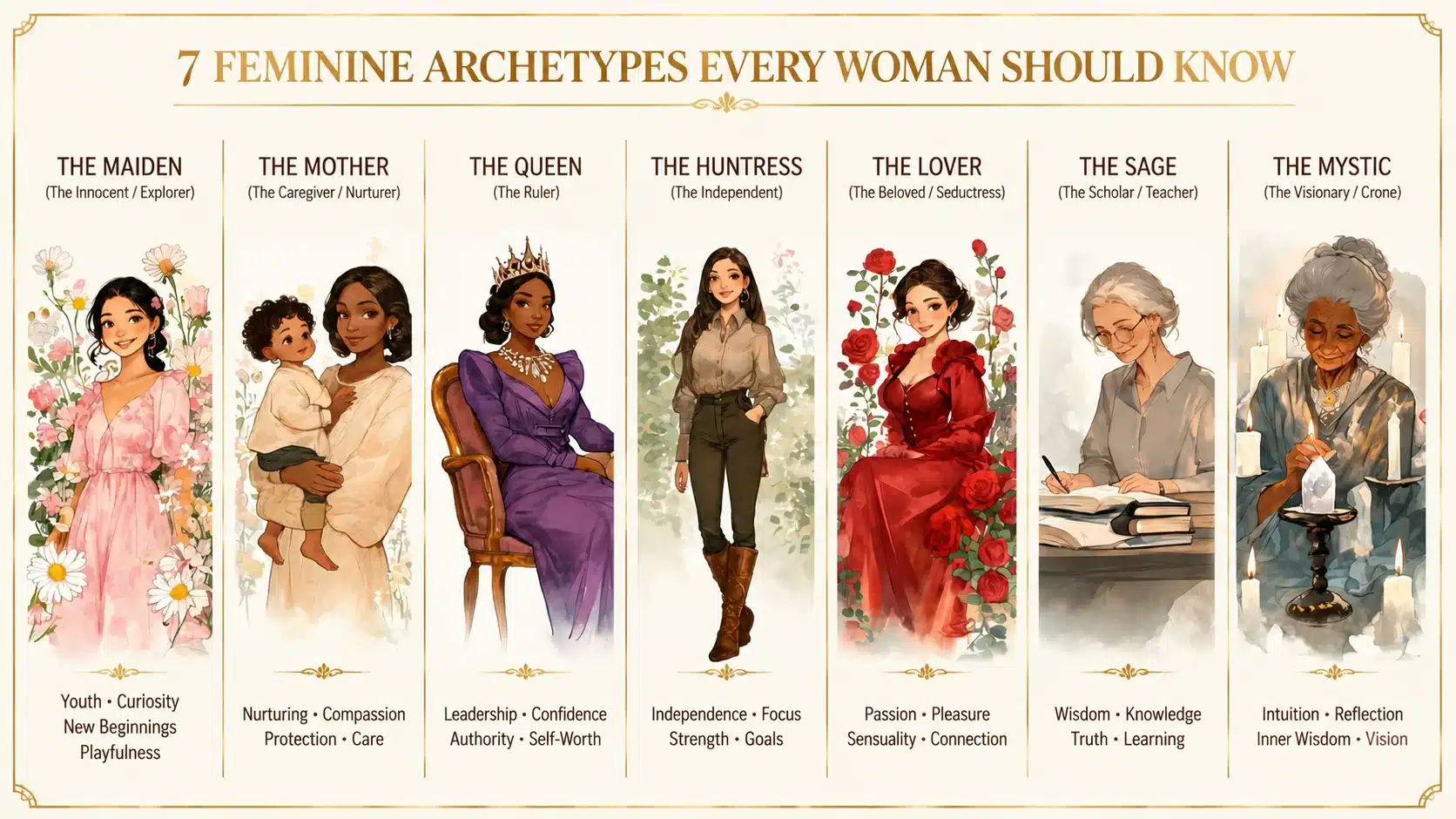 seven feminine archetypes represented by illustrated women with different personality styles