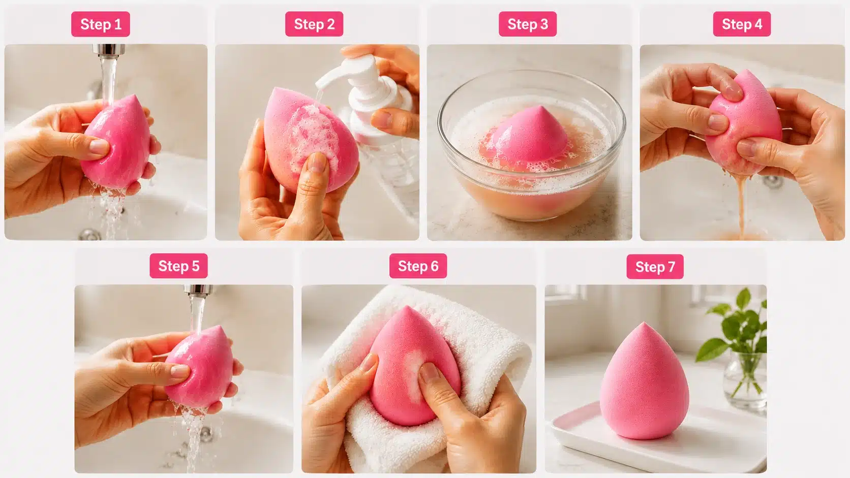 seven step guide showing pink makeup sponge cleaning process with washing and drying
