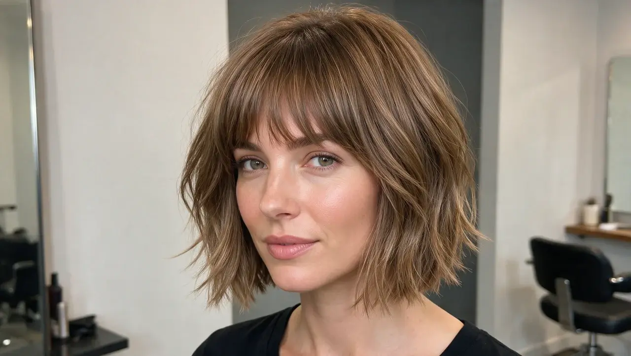 shaggy bob haircut with jaw length layers and soft bangs