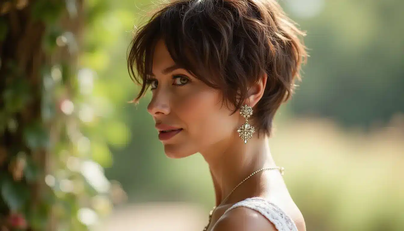 shaggy pixie bob haircut with textured layers and natural volume for wedding guest style